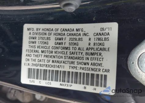 2012 Honda Civic Ex из США, поврежденный, VIN 2HGFB2F83CH314711